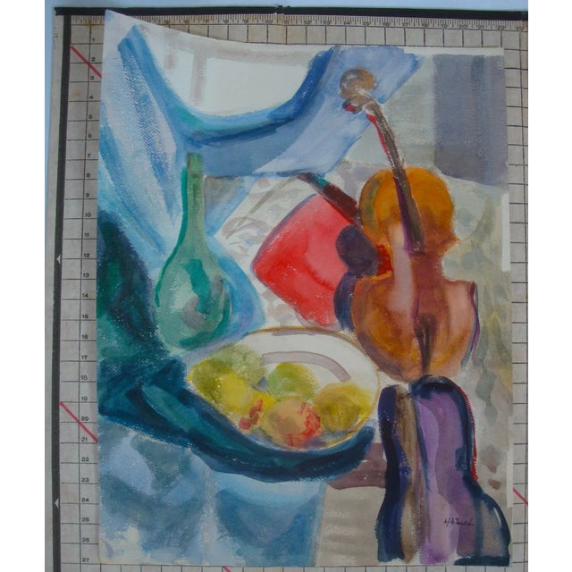 Mid-Century Modern Abstract Mid-Century Modern Painting Still Life Watercolor Violin With Fruit For Sale - Image 3 of 3