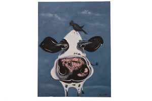 Mid 20th Century Cow with Black Bird on Head