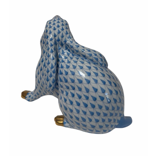 Herend Big Herend Hungarian Porcelain Blue Fishnet Bunny Rabbit Figure - Paw Up For Sale - Image 4 of 7