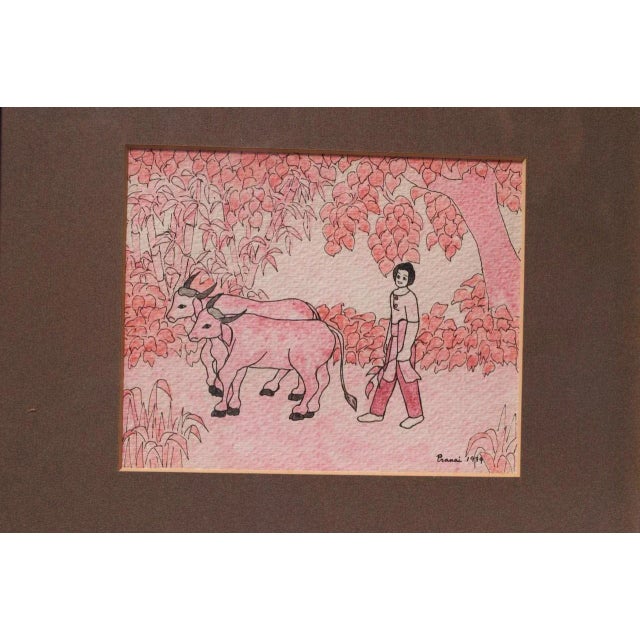 Mid-Century Modern Vintage Southeastern Asian Figural Ink and Watercolor For Sale - Image 3 of 12