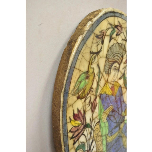 Antique Persian Iznik Qajar Style Ceramic Pottery Oval Tile Blue Figure Birds C3 For Sale In Philadelphia - Image 6 of 10