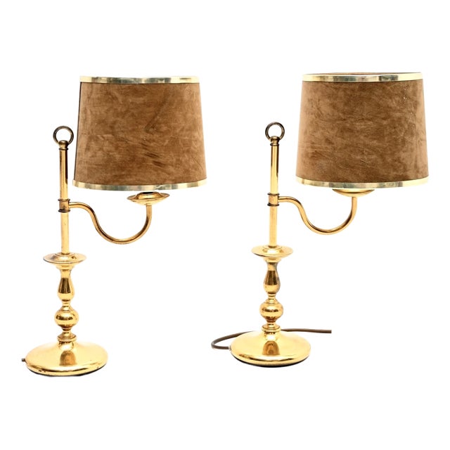 Vintage Brass Table Lamps with Velvet Shades, 1970, Set of 2 For Sale
