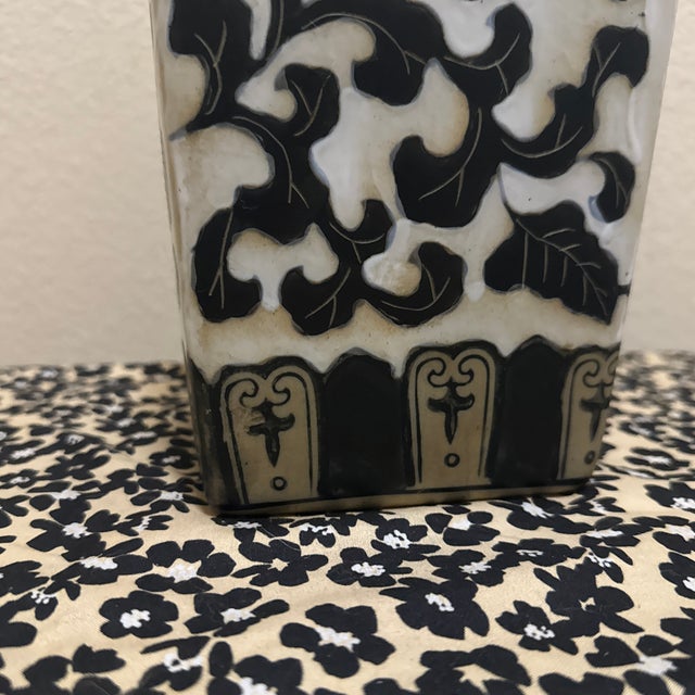 Vintage Tall Ceramic Taupe Vase With Painted Flowers For Sale - Image 4 of 12