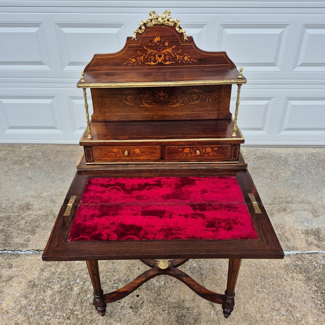 Wood 19th Century Antique French Regency Inlaid Rosewood Bronze Mounted Ladies Tiered Writing Desk (Bonheur Du Jour) For Sale - Image 7 of 16