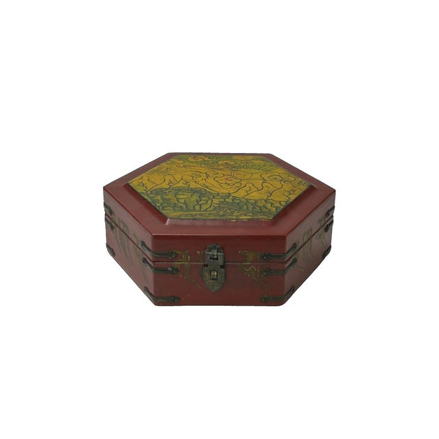 Oriental Hexagonal Red Color Mythical Figure Drawing Accent Box For Sale - Image 4 of 7
