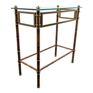 Mid-Century French Glass Top Faux Bamboo Wood and Brass Side Table Attributed to Maison Baguès For Sale