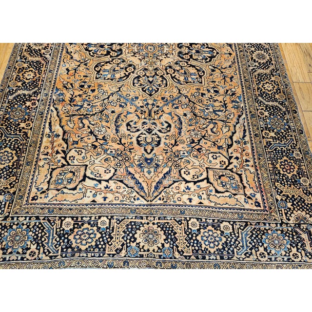 Vintage Persian Heriz Rug, Hand-Knotted Wool, Geometric Medallion Pattern,Tan & Navy, 9x13 For Sale - Image 13 of 18