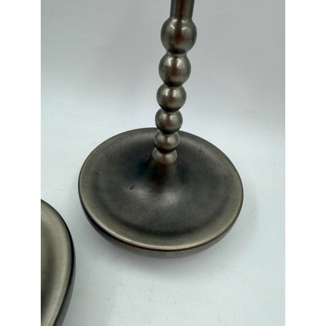 Metal Mid-Century Brushed Chrome Bobbin Candlestick Holders Set Taper by Stoff Nagel, 1950s, Set of 2 For Sale - Image 7 of 15