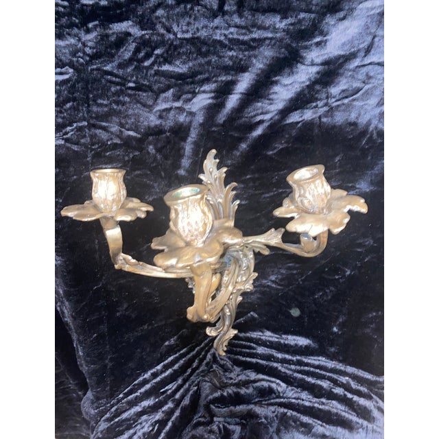 1920s Bronze Sconces Baroque Rococo Louis XV French Style Acanthus Leaf Forms 3 Candle Burning For Sale - Image 9 of 10