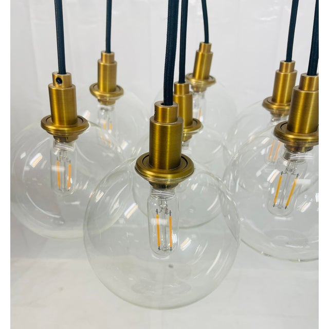 Modern 7-Light Cluster Chandelier With Oversized Glass Globes and Satin Brass For Sale - Image 9 of 15