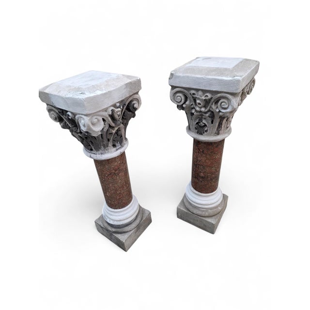 Stone Antique Italian Marble & Sculpted Stone Pedestals From Roman Church Altar - Pair For Sale - Image 7 of 8