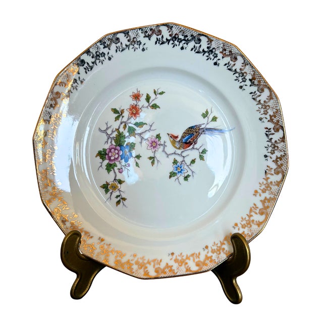 Limoges, France Hand-Decorated Limoges Porcelain Dessert Plates With Bird & Floral Motif, Gilt Trim, 6 P. For 6, Circa 1930 For Sale - Image 4 of 6