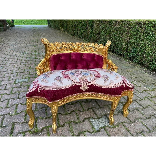 Late 20th French Louis XVI Gold Beech Red Velvet Settee For Sale - Image 9 of 14