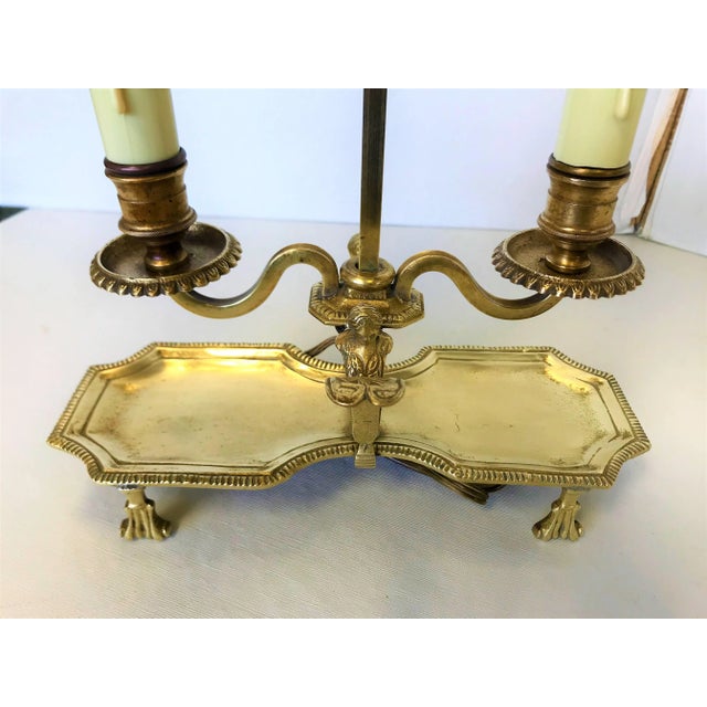 Campaign Antique Italian Brass Student Oil Lamp Converted to Electric With Adjustable Height Shades For Sale - Image 3 of 13