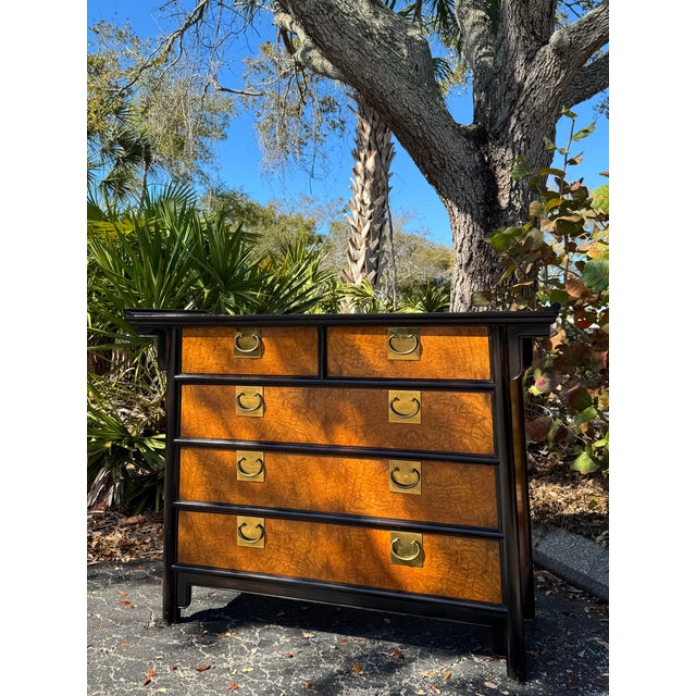Wood 1970s Raymond K. Sobota for Century Chin Hua Burlwood Campaign Chest – Hollywood Regency Asian Inspired Dresser For Sale - Image 7 of 12