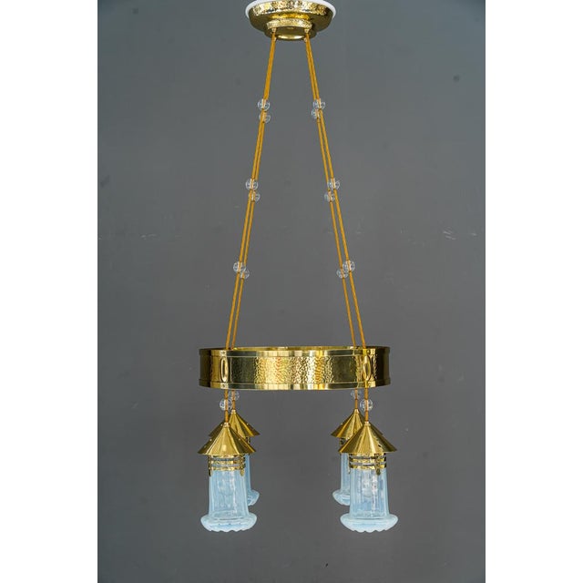 Art Deco Hammered Chandelier with Opaline Glass Shades, Vienna, 1920 For Sale - Image 3 of 18