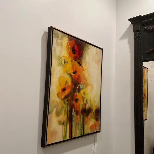 Framed abstract giclee on canvas featuring colorful poppies. Signed be artist.