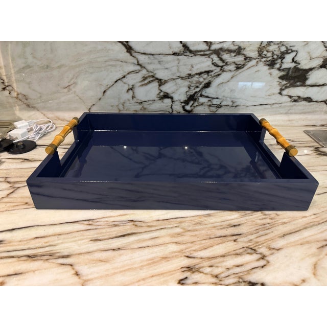 2020s Navy Blue Lacquered & Bamboo Tray For Sale - Image 5 of 5