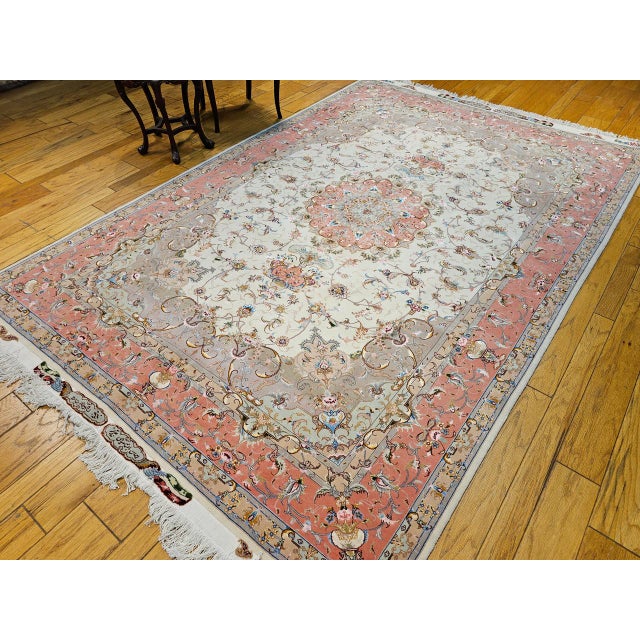 Textile Persian Tabriz Rug, Hand-Knotted Wool & Silk, Fine Floral Pattern, Ivory & Salmon, 7x10 For Sale - Image 7 of 17