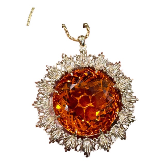 Vintage 150 Ct Round Shape Citrine Pendent 14 Kt Yellow Gold with Chain Italy For Sale