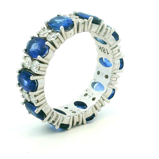 2020s 18k White Gold Thai Sapphire and Diamond Eternity Band, Size 6.5 For Sale - Image 5 of 14