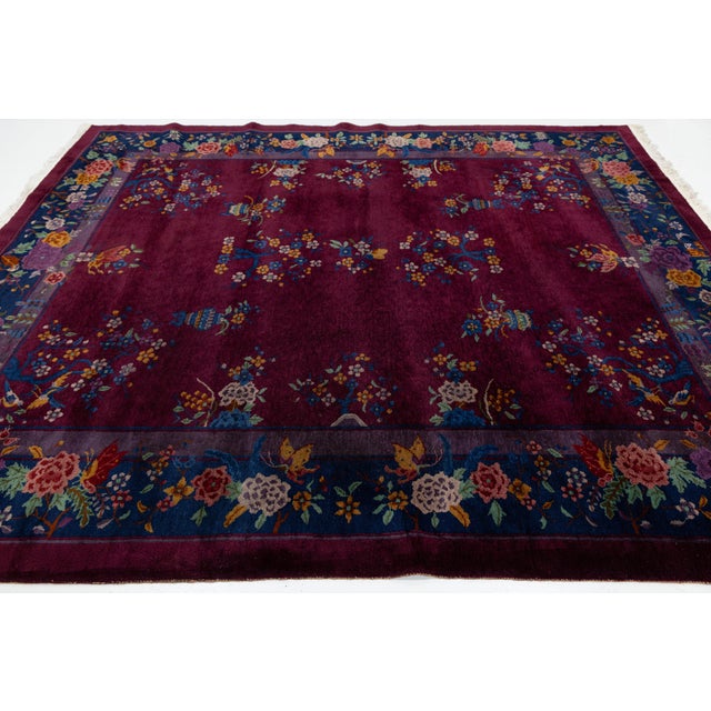1920s Antique Chinese Art Deco Plum Wool Rug With Floral Vases & Navy Border For Sale In New York - Image 6 of 12