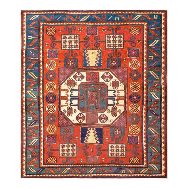 1880s Red Geometric Antique Caucasian Kazak Karachopf Rug 6'2" X 7'3" Knotted Pile Wool Carpet For Sale