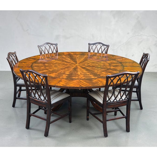 An exceptional English Regency-inspired dining table by Maitland-Smith, crafted with a richly figured flame mahogany...