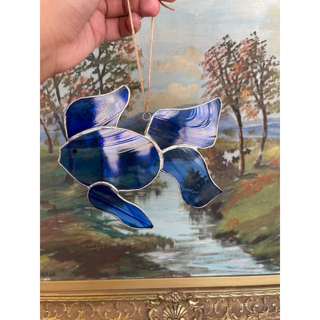 Vintage Stained Glass Fish Suncatcher in Deep Cobalt Blue. For Sale - Image 9 of 10
