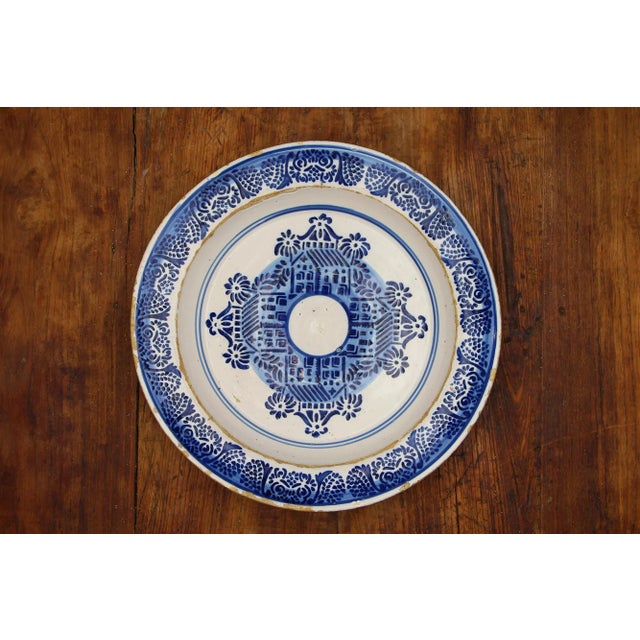 19th Century Portuguese Large Blue and White Wall Plate Depicting Palaces, Earthenware, Faience For Sale - Image 13 of 13