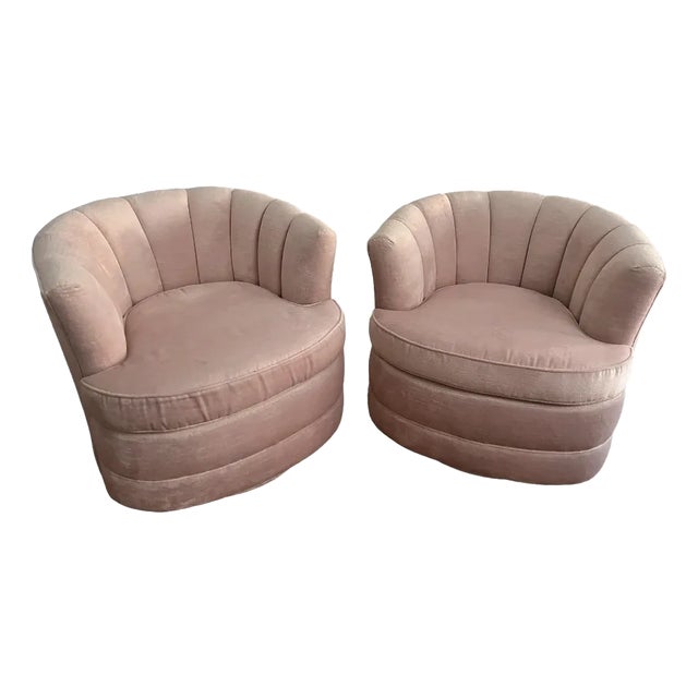 1950s Matching Pair of Hollywood Regency Channel Back Swivel Chairs, Newly Reupholstered. For Sale