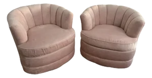 1950s Matching Pair of Hollywood Regency Channel Back Swivel Chairs, Newly Reupholstered.
