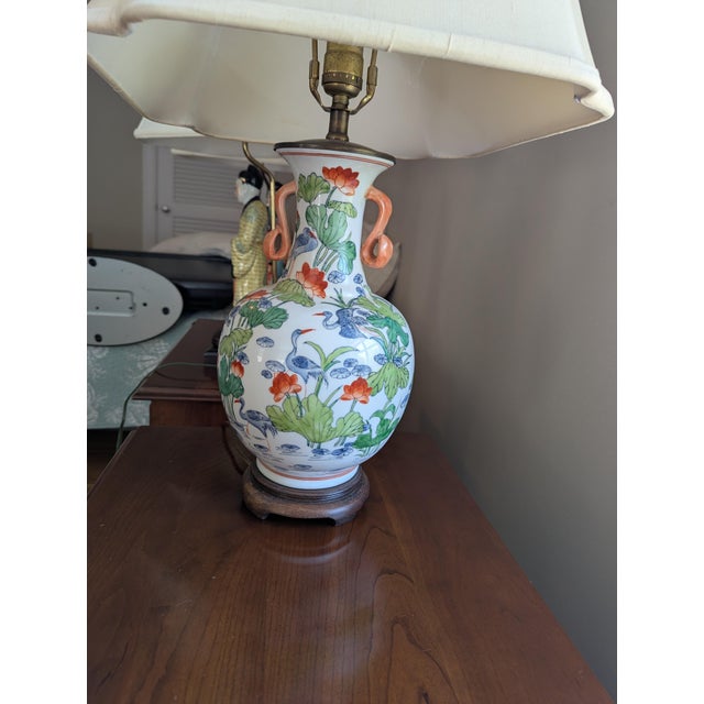 Vintage Maitland-Smith lamp. Porcelain with cranes, flora and fauna. Excellent condition Missing finial. Item is without...