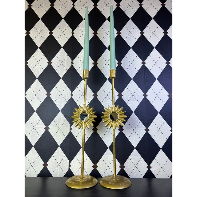 Vintage Hollywood Regency Gilt Metal Sunburst Mirror Candlesticks, Pair For Sale In Boston - Image 6 of 13