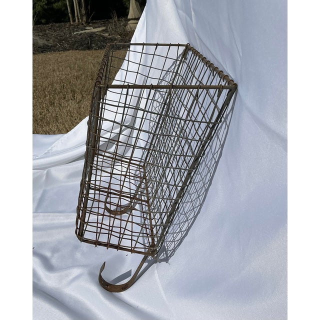 1930's Large Antique French Wirework Crimped Wire and Metal Wall Pocket Hanging Basket For Sale - Image 4 of 11