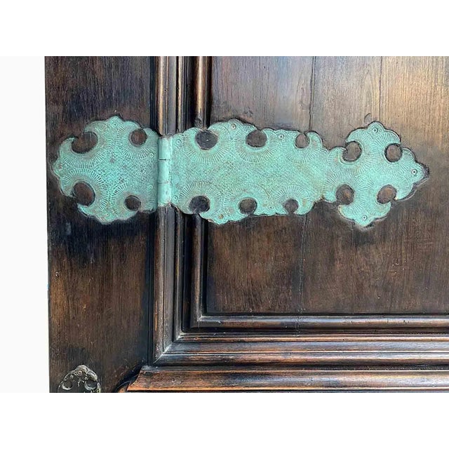 Carved Walnut Entry Door With Bronze Strap Hinges For Sale - Image 4 of 6