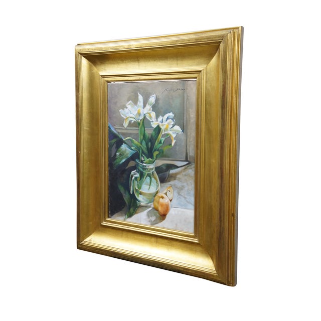 Late 20th century oil on canvas still life painting by Francesca Haino(?) White irises in a glass vase on a table with a...