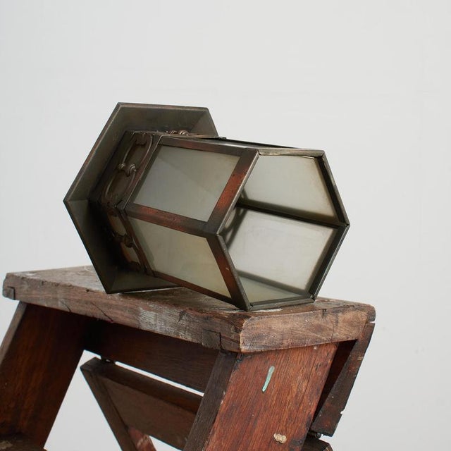 Antique Arts and Crafts Glass Hexagonal Lantern Pendant Light, 1930s For Sale - Image 4 of 8