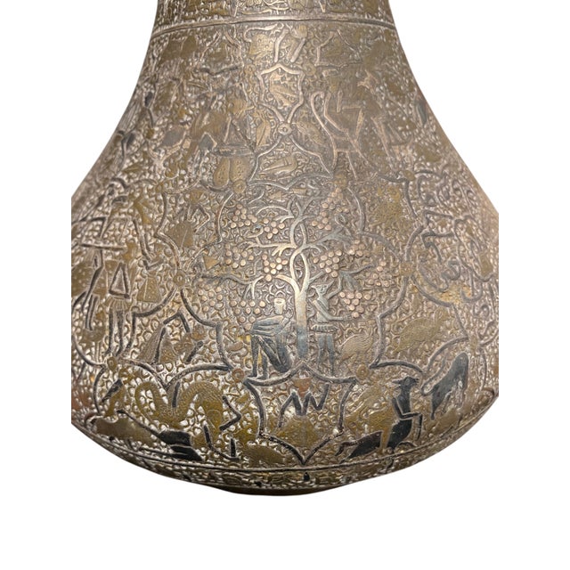 Silver Extraordinary 19th Century Qajar Persian Brass Vase Islamic Arabesque Antique Engraved Figures Animals 13.5" For Sale - Image 8 of 15