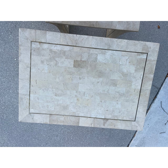 Wood Marble Veneer & Brass Inlay Waterfall Nesting Tables, a Set of 2 | Hollywood Regency For Sale - Image 7 of 12