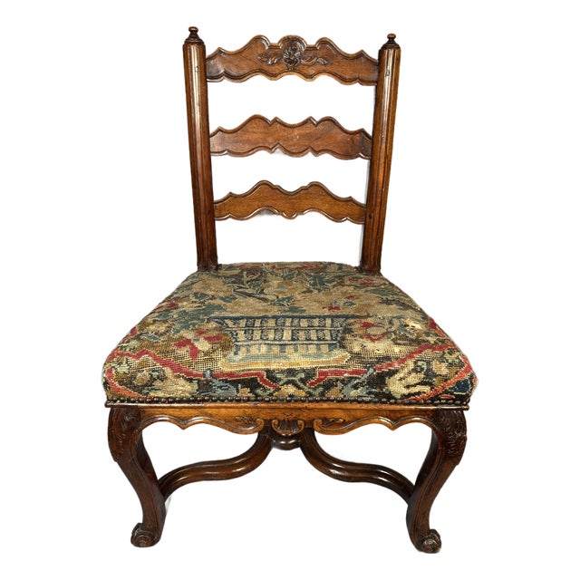 Mid 18th Century French Carved Walnut Side Chair, Régence Taste, Original Needlepoint Seat For Sale