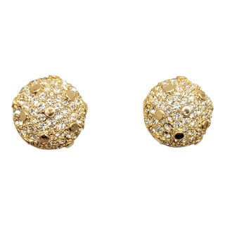Vintage Signed Hattie Carnegie Round Domed Goldtone Pavé Clear Rhinestone Clip Earrings - 2 Pieces For Sale