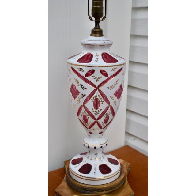 Cranberry Glass and Brass Lamp Vintage Table Bohemian Czech Hand Painted For Sale - Image 16 of 18