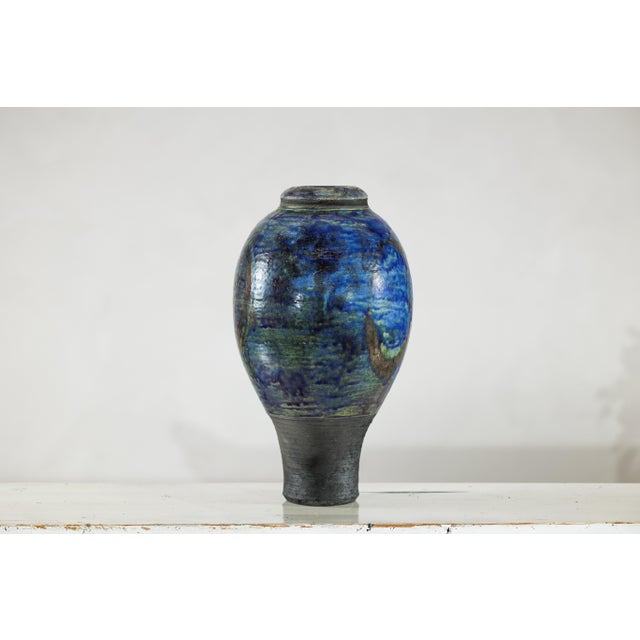 Studio Ceramic Vase with Cobalt Blue Glaze and Tapered Foot For Sale - Image 4 of 12