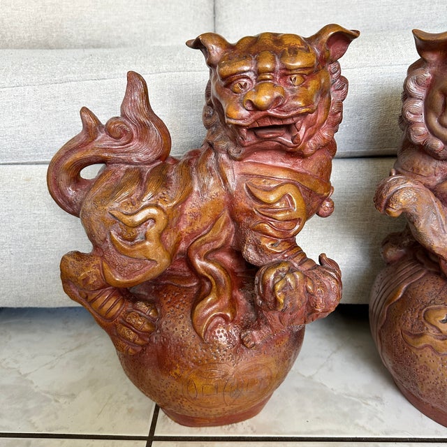 Pair Large 19" Terracotta Foo Dogs Chinese Guardian Lions Vintage Heavy For Sale - Image 4 of 17