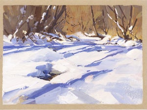 001 - Plein Air- Lair o the Bear, CO, 1/2/22 by Judd Mercer | Gouache Snowy landscape with trees.