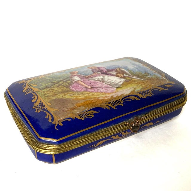 Late 19th Century 19th Century French Signed Sevres Style Hand Painted Parcel Gilt Porcelain Dresser Box For Sale - Image 5 of 12