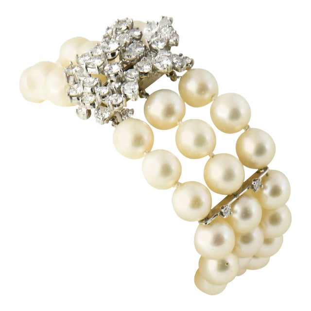 Mid-20th Century Triple Strand Cultured Pearl and Diamond White Gold Bracelet For Sale