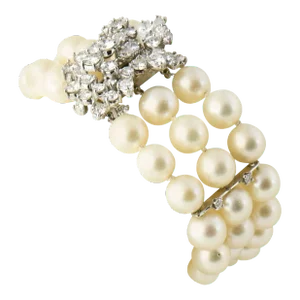 Mid-20th Century Triple Strand Cultured Pearl and Diamond White Gold Bracelet