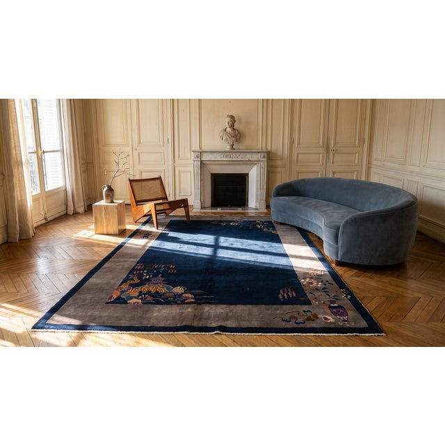 Navy Blue 1920s Blue Navy Floral Antique Art Deco Chinese Rug 6'0" X 8'9" Handknotted Wool Carpet For Sale - Image 8 of 8